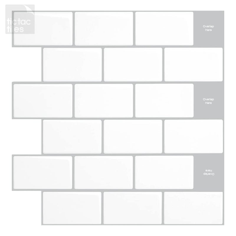 Tic Tac Tiles 12"x 12" Peel and Stick Self Adhesive Removable Stick On Kitchen Backsplash Bathroom 3D Wall Sticker Wallpaper Tiles in Subway Designs (Mono White, 10) - Image 1